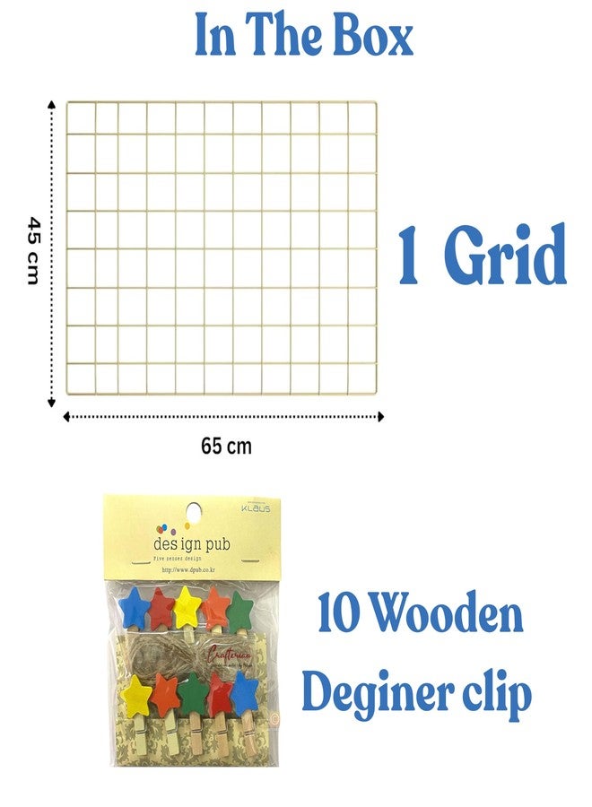 CreativeBuzz Steel Wall Grid Photo Frame for Wall with 10 Wooden Deginer Clips | DIY Metal Mesh Wire Grid for Photo Display, Wall Decor, Memo Organizer | Aesthetic Room Decoration for Home, Living Room & Office (Golden, 65x45cm) - Image 2